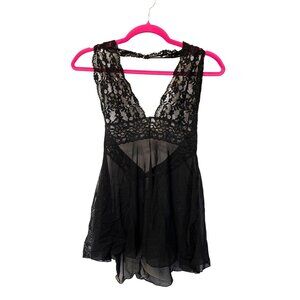 Black Sheer Lace Babydoll Lingerie With Plunging Neckline & Flowing Hem - Size M